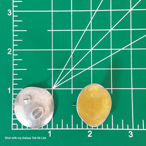 Chicos Disc Earrings Luminescent Yellow Enamel On SIlver Tone Concave Metal - Picture 6 of 8